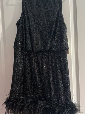 Black Sequin Feather Hem Party Dress